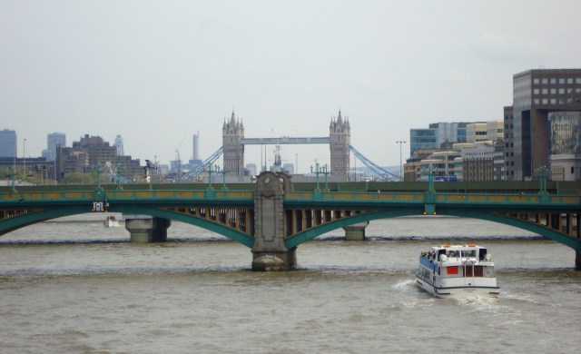 Tower Bridge seen from the Millenium Bridge, Southwark Bridge in front. (c) Sherri Matthews April 2015